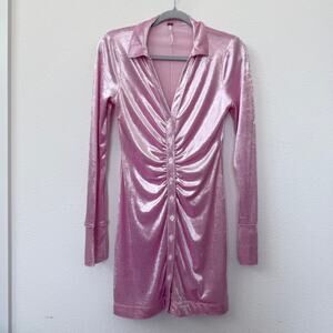 FREE PEOPLE Velvet Ruched Mini Dress Pink Collared Long Sleeve Bodycon XS Y2K